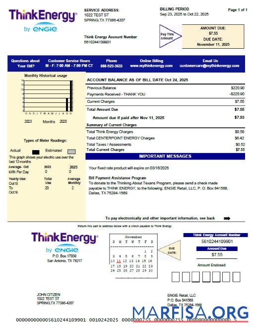 Realistic USA Think Energy utility bill template in Word and PDF formats, version 2